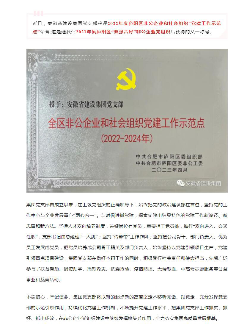 集团党支部荣获2022年度合肥市庐阳区非公企业和社会组织“党建事情树模点”
